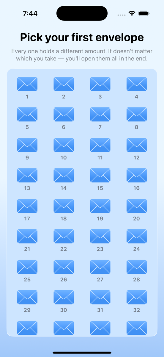 Choosing your first envelope from a grid of 100