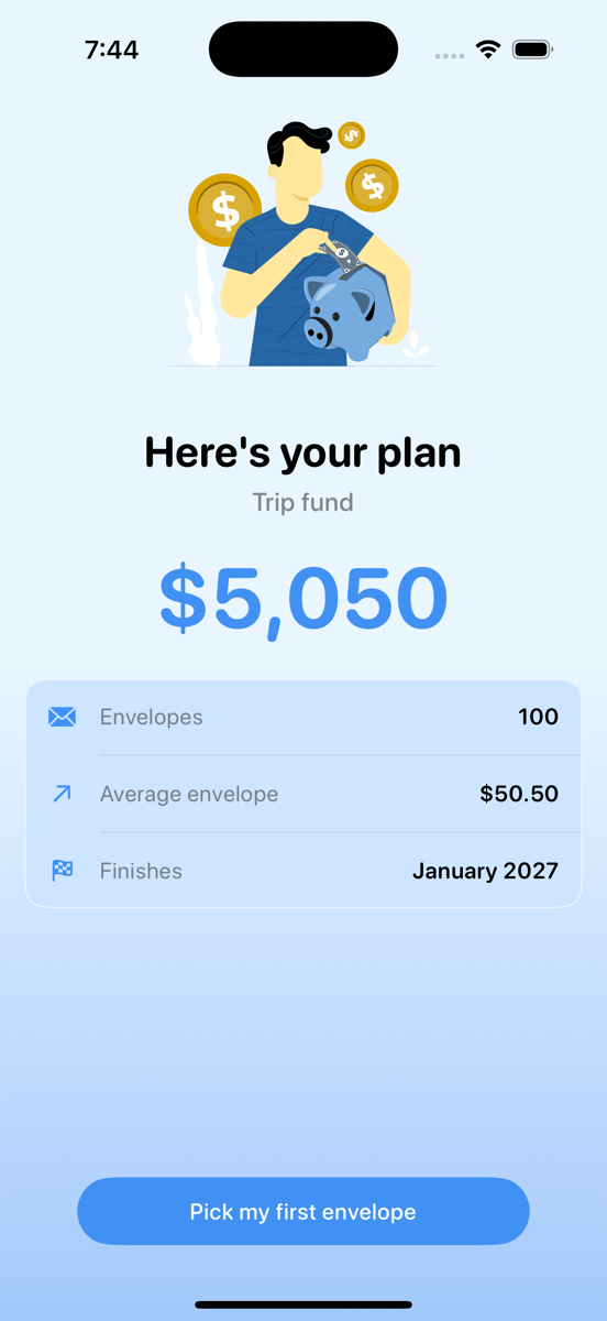 A plan summary: $5,050 across 100 envelopes, finishing January 2027